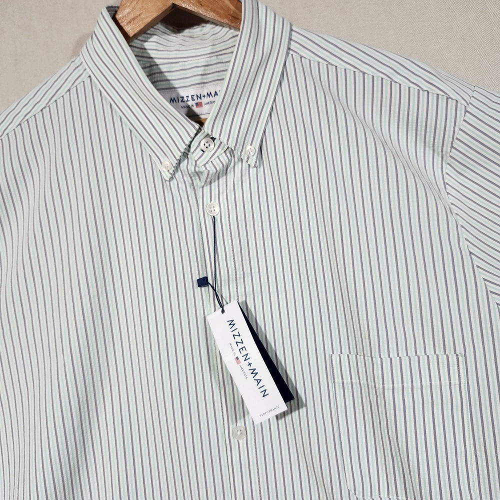 Mizzen+Main Mens XXL Standard Fit Striped Performance Dress Shirt Blue Green NWT